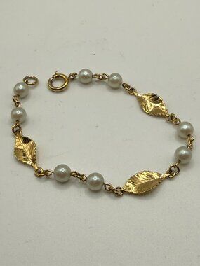 Gold Bracelet with Gold Leaves & Faux Pearls